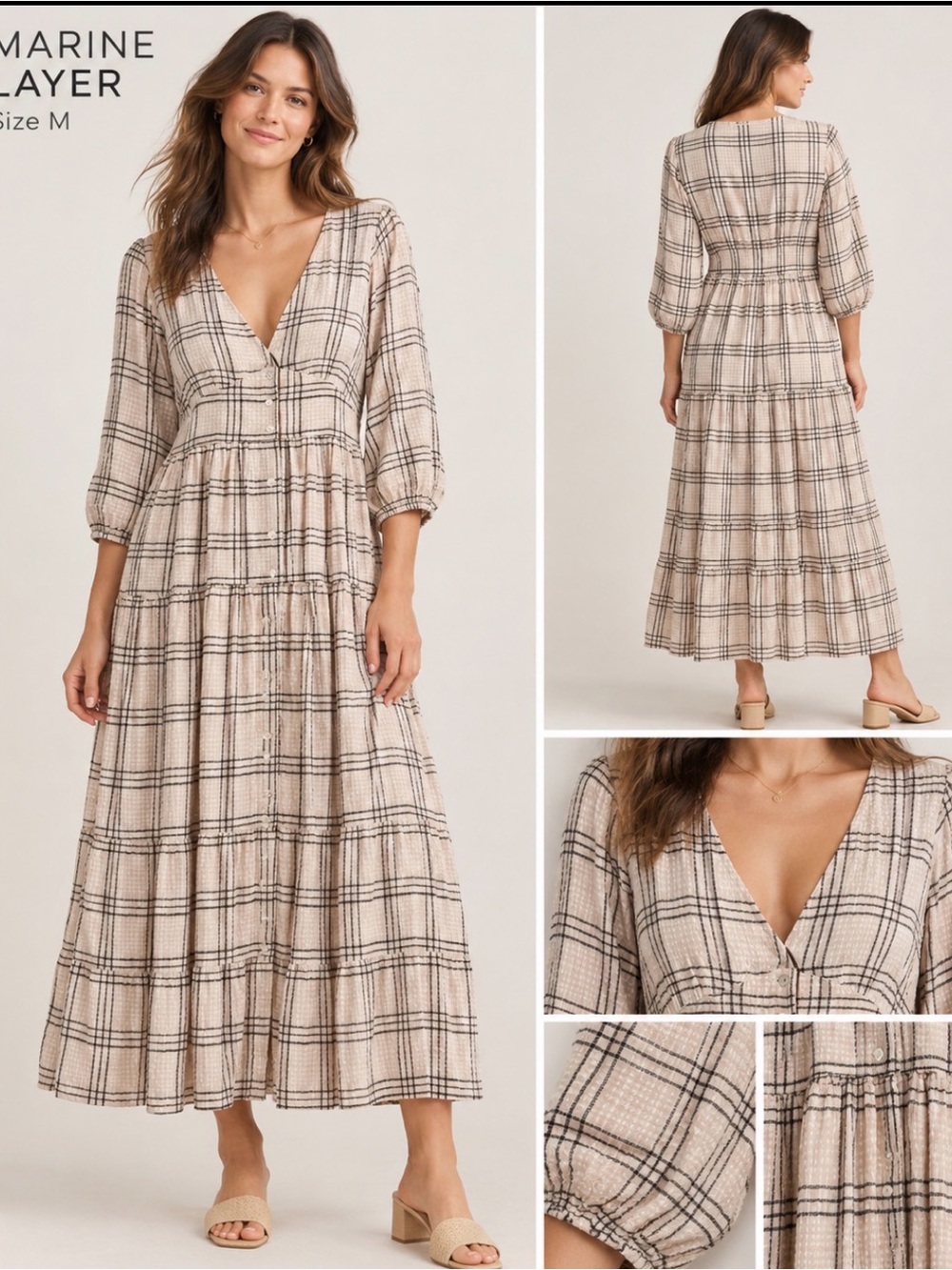 Marine Layer Plaid Tiered Maxi Dress Beige Black Button Front Size M
